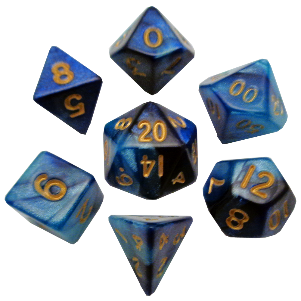MDG: Mini 7 Dice Polyhedral Set: Blue/Light Blue w/ Gold Numbers (10mm)