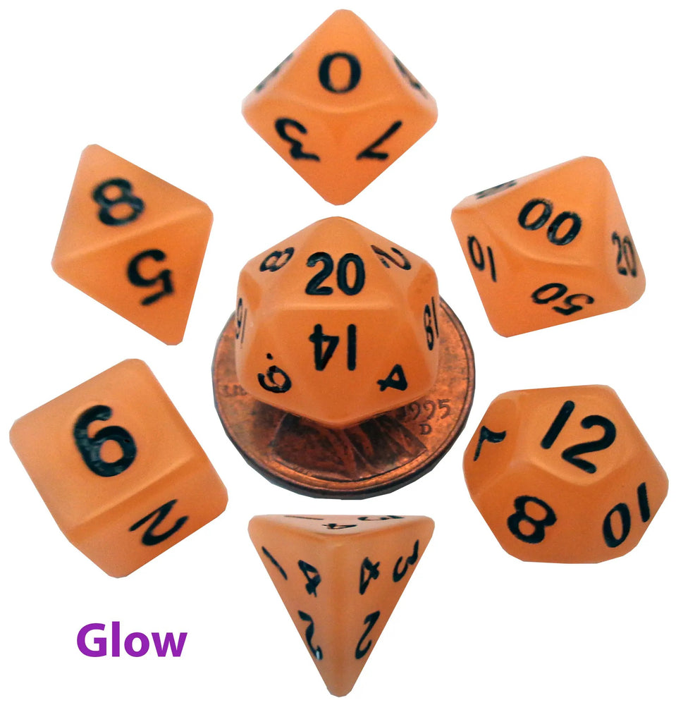 MDG: Mini 7 Dice Polyhedral Set: Glow Orange (10mm)