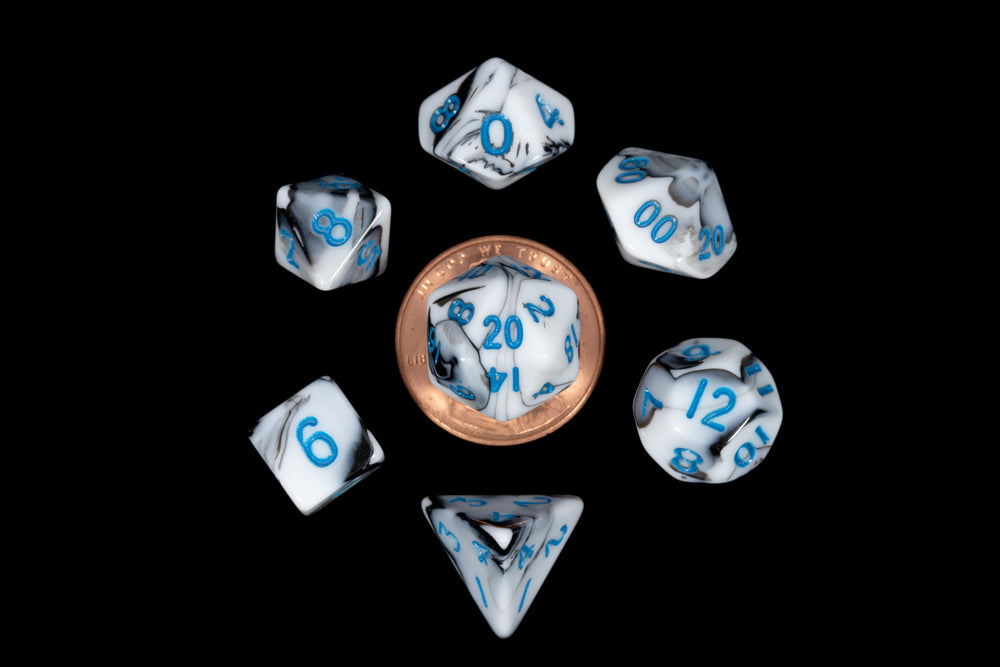 MDG: Mini 7 Dice Polyhedral Set: Marble w/ Blue Numbers (10mm)