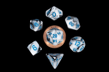 MDG: Mini 7 Dice Polyhedral Set: Marble w/ Blue Numbers (10mm)