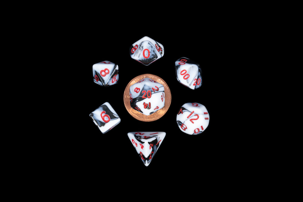 MDG: Mini 7 Dice Polyhedral Set: Marble w/ Red Numbers (10mm)