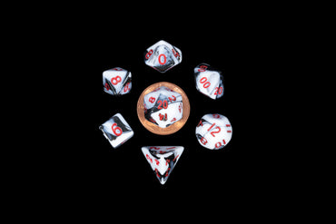 MDG: Mini 7 Dice Polyhedral Set: Marble w/ Red Numbers (10mm)
