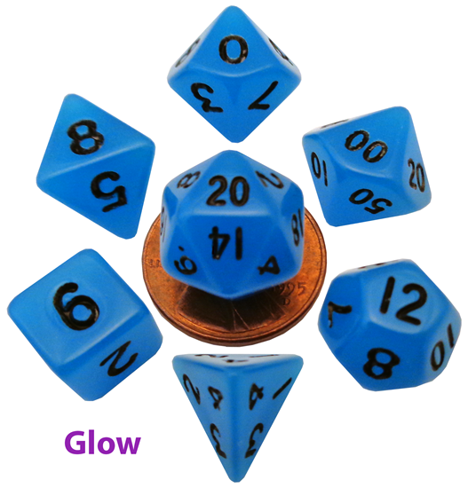 MDG: Mini 7 Dice Polyhedral Set: Glow Blue (10mm)