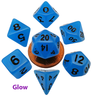 MDG: Mini 7 Dice Polyhedral Set: Glow Blue (10mm)
